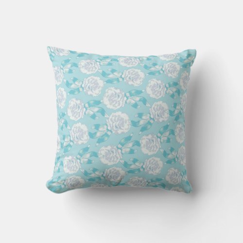 Carnation floral damask aqua blue throw pillow