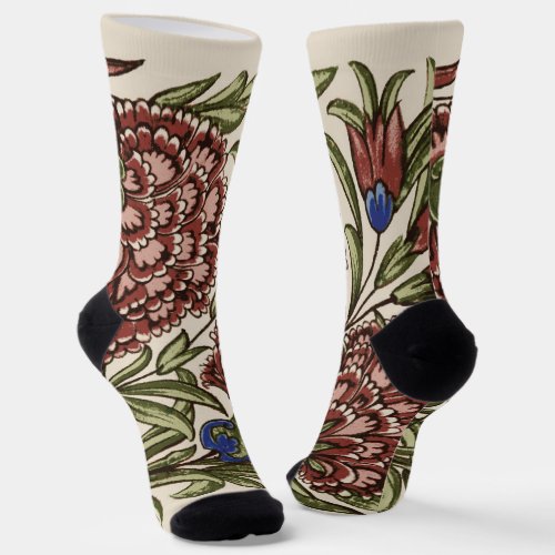 Carnation Flower Tile Antique Art Socks