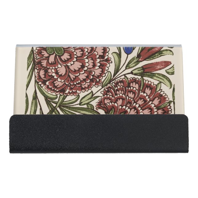 Carnation Flower Tile Antique Rustic Art Desk Business Card Holder (Front)
