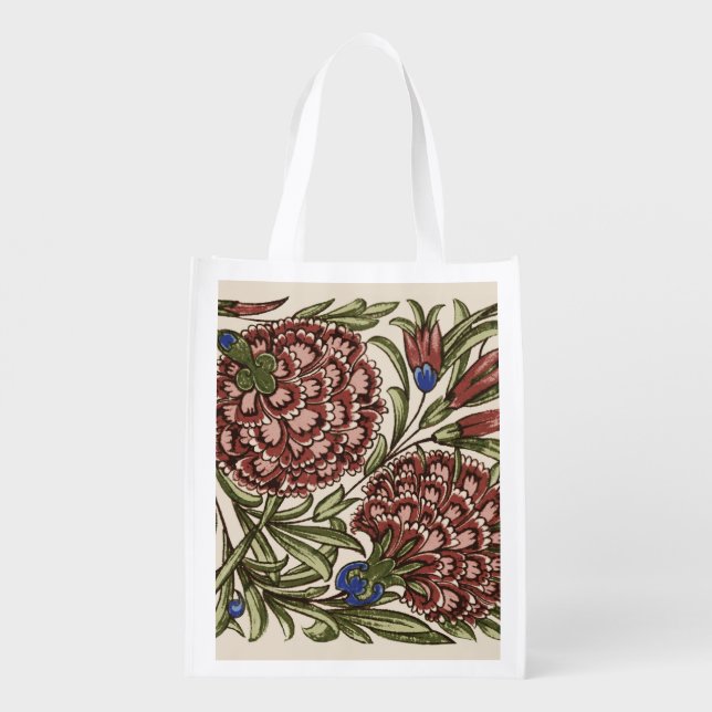 Carnation Flower Tile Antique Rustic Art Grocery Bag (Back)