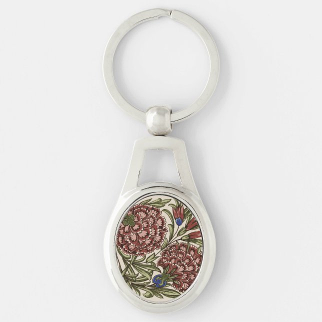 Carnation Flower Tile Antique Rustic Art Keychain (Front)