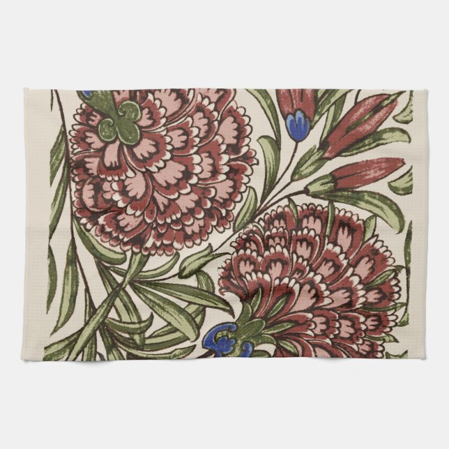 Carnation Flower Tile Antique Rustic Art Kitchen Towel (Horizontal)