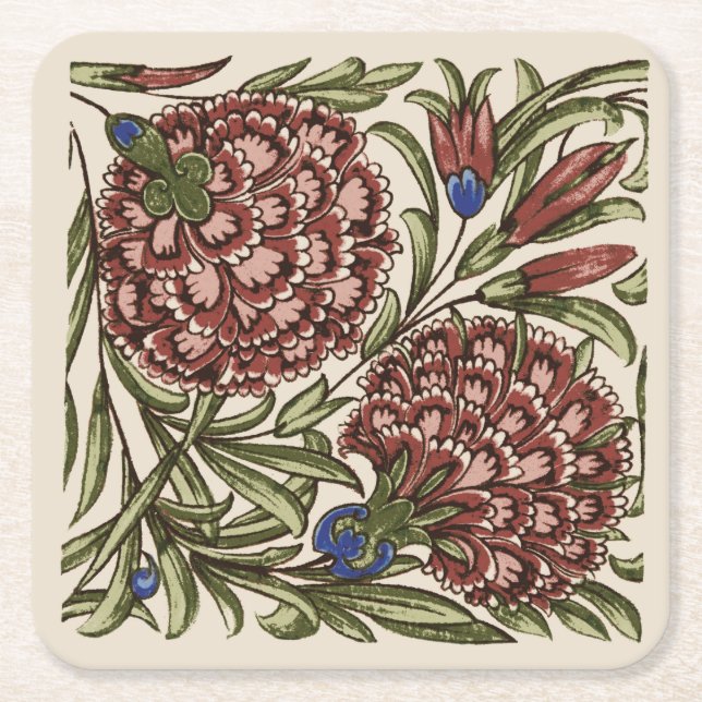 Carnation Flower Tile Antique Rustic Art Square Paper Coaster (Front)