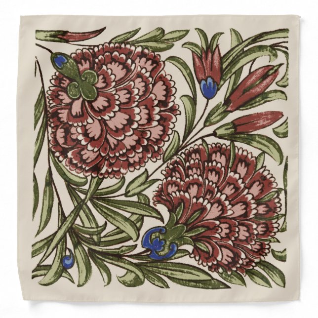 Carnation Flower Tile Antique Rustic De Morgan Art Bandana (Front)