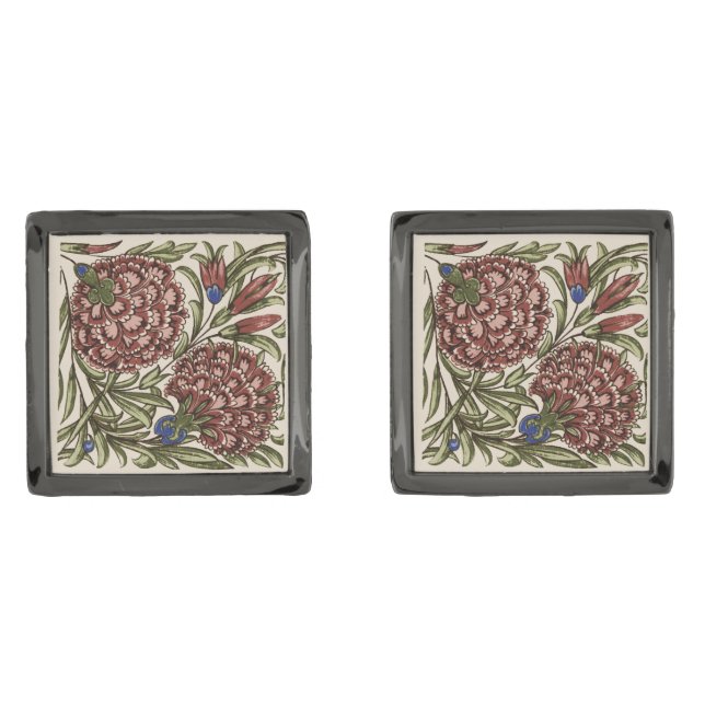 Carnation Flower Tile Antique Rustic De Morgan Art Cufflinks (Front)