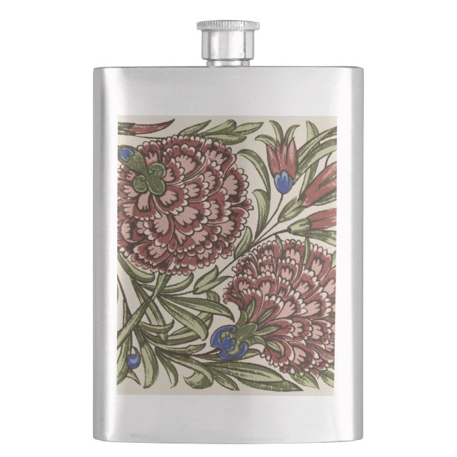 Carnation Flower Tile Antique Rustic De Morgan Art Flask (Front)