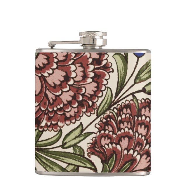 Carnation Flower Tile Antique Rustic De Morgan Art Flask (Front)
