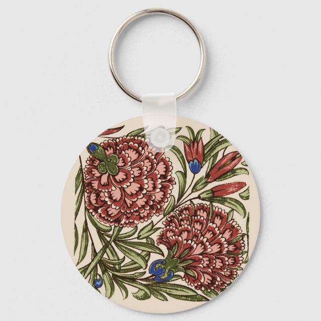 Carnation Flower Tile Antique Rustic De Morgan Art Keychain (Front)
