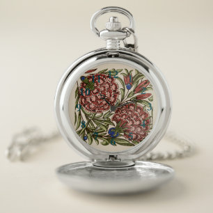 Carnation Flower Tile Antique Rustic De Morgan Art Pocket Watch