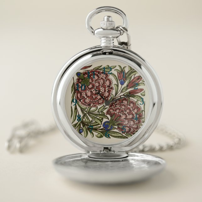 Carnation Flower Tile Antique Rustic De Morgan Art Pocket Watch (Inside)