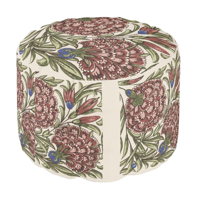 Carnation Flower Tile Antique Rustic De Morgan Art Pouf (Angled Back)