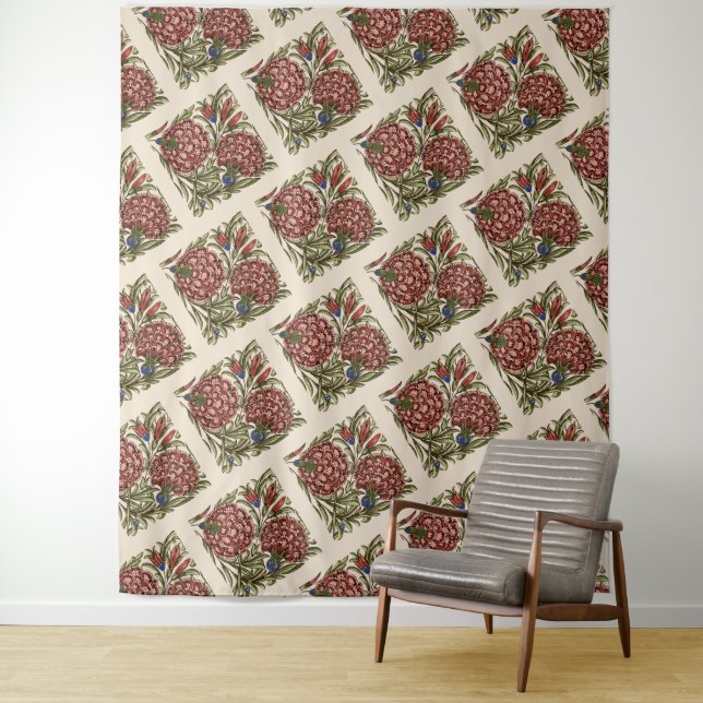 Carnation Flower Tile Antique Rustic De Morgan Art Tapestry (In Situ)