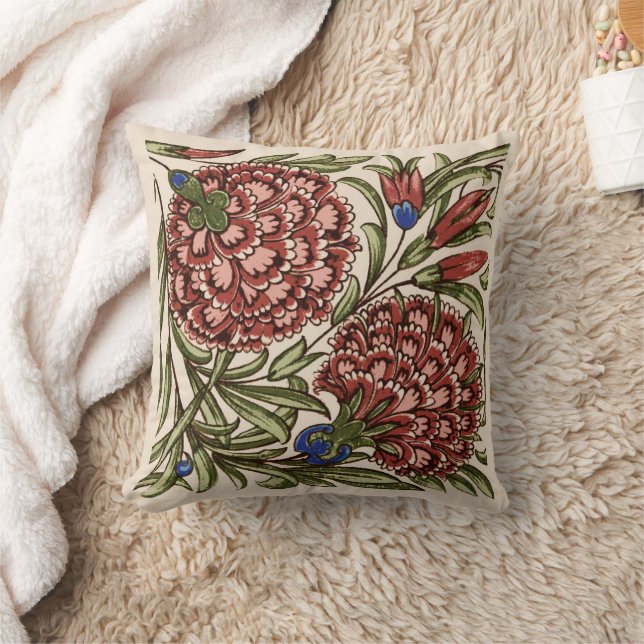 Carnation Flower Tile Antique Rustic De Morgan Art Throw Pillow (Blanket)