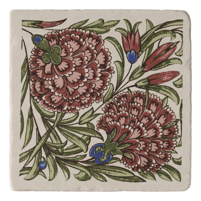 Carnation Flower Tile Antique Rustic De Morgan Art Trivet (Front)