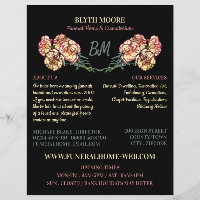 Carnation Flowers, Funeral Home, Directors Flyer (Front)