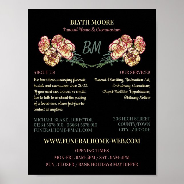 Carnation Flowers, Funeral Home, Directors Poster (Front)