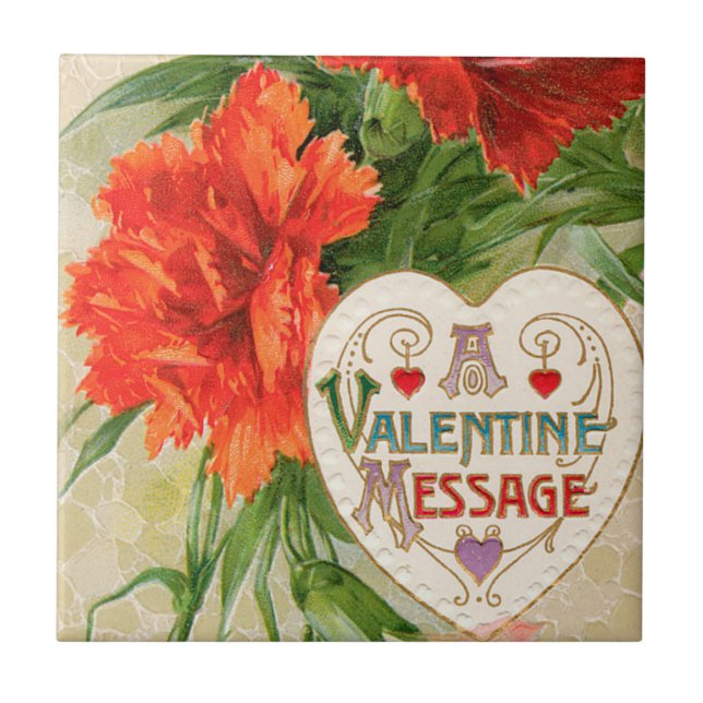Carnation Flowers, Vintage Valentine's Day Message Ceramic Tile (Front)