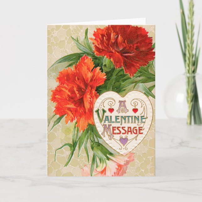 Carnation Flowers, Vintage Valentine's Day Message Holiday Card (Front)