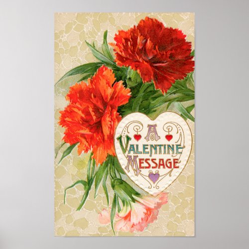 Carnation Flowers Vintage Valentines Day Message Poster