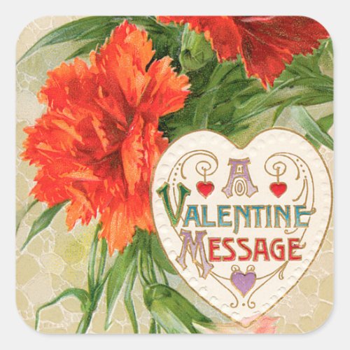 Carnation Flowers Vintage Valentines Day Message Square Sticker