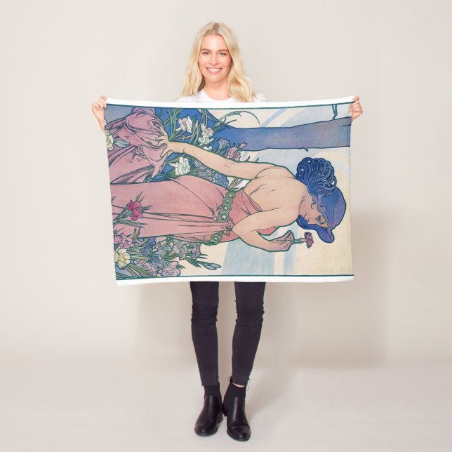 Carnation (Four Flowers), Alphonse Mucha Fleece Blanket (In Situ)