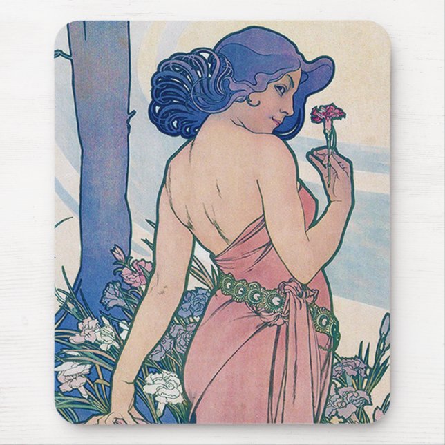 Carnation (Four Flowers), Alphonse Mucha Mouse Pad (Front)