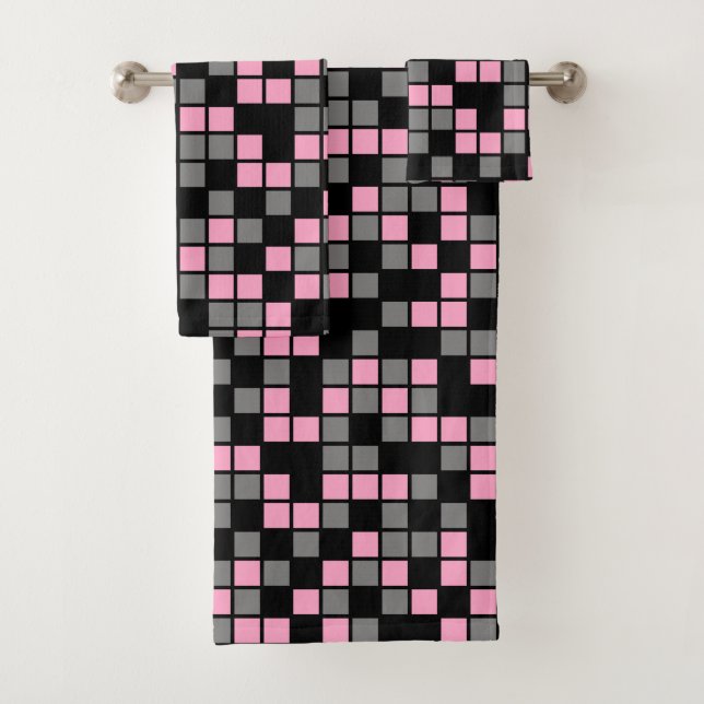 Carnation Pink, Black, Gray Random Mosaic Squares Bath Towel Set (Insitu)