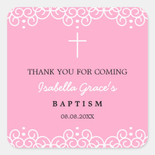 Carnation Pink & White Baptism Thank You Square Sticker