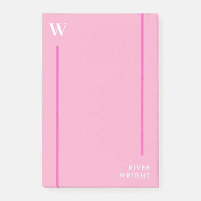 Carnation Pink & White Monogram & Name Post-it Notes (Front)