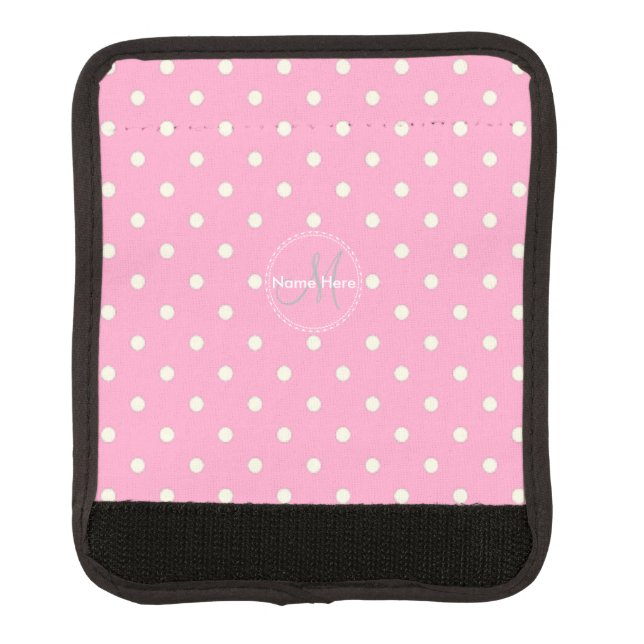 Carnation Pink & White Polka Dots. Custom Name Luggage Handle Wrap (Front)