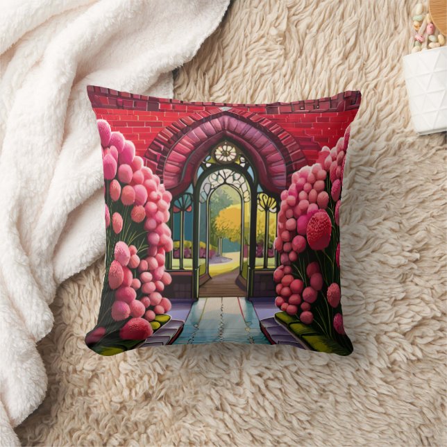 Carnations Adorn Gate: Welcome to Secret Garden Throw Pillow (Blanket)