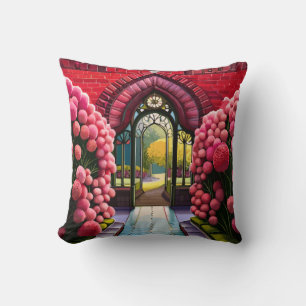 Carnations Adorn Gate: Welcome to Secret Garden Throw Pillow