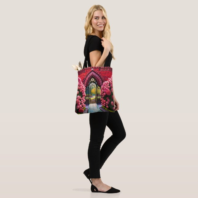 Carnations Adorn Gate: Welcome to Secret Garden Tote Bag (On Model)