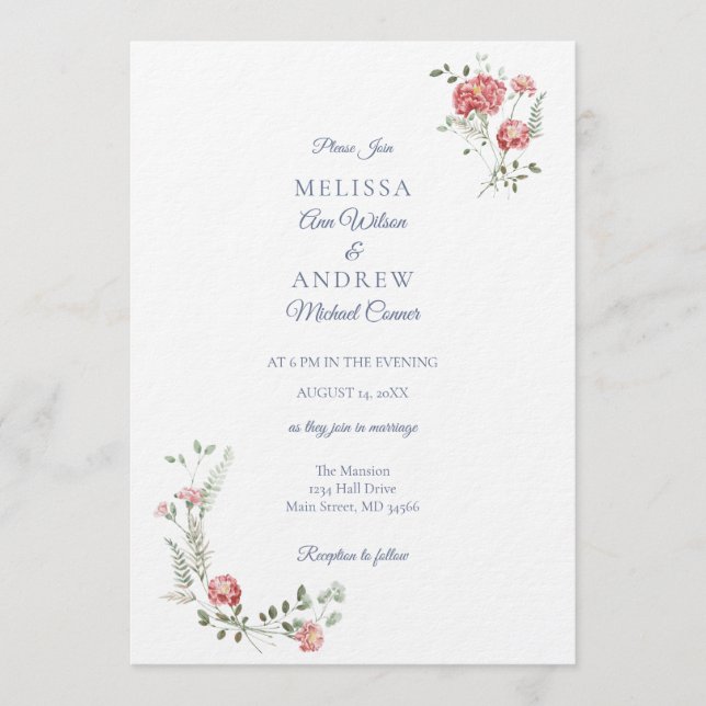 Carnations and Blue Wedding Invitation Suite (Front)