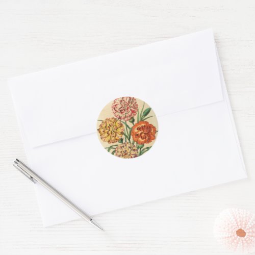 Carnations Antique Botanical Art Red Yellow Orange Classic Round Sticker