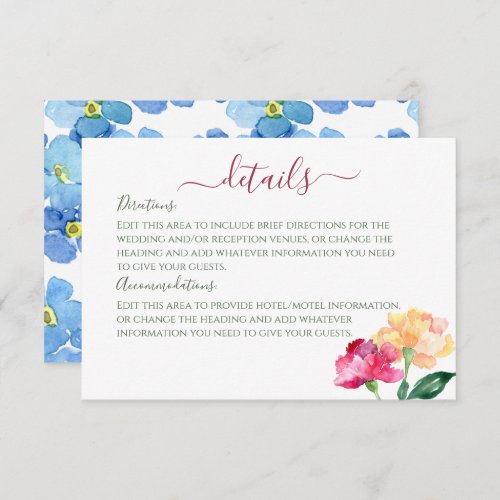 Carnations  Forget Me Nots Wedding Details  Enclosure Card