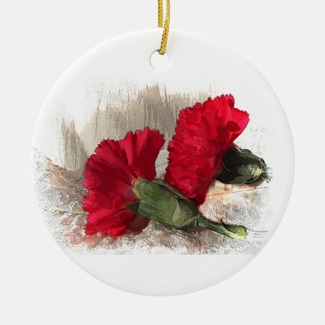 Carnations on Brocade Ceramic Ornament (Front)
