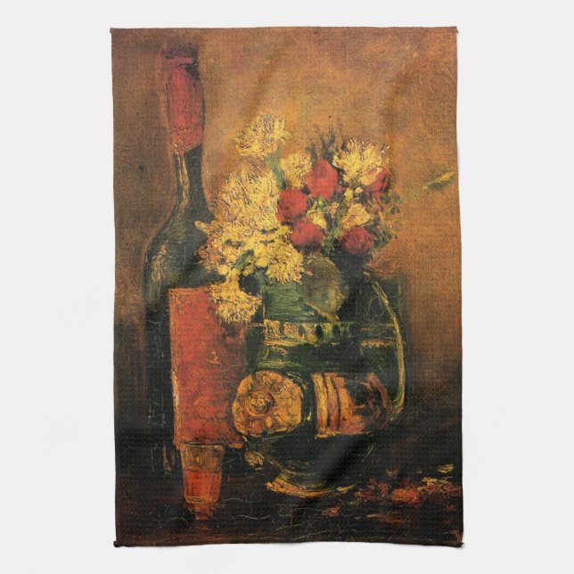 Carnations, Roses and a Bottle by Vincent van Gogh Kitchen Towel (Vertical)