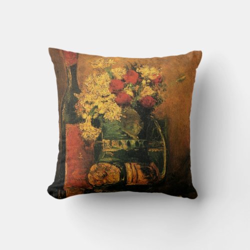 Carnations Roses and a Bottle by Vincent van Gogh Throw Pillow