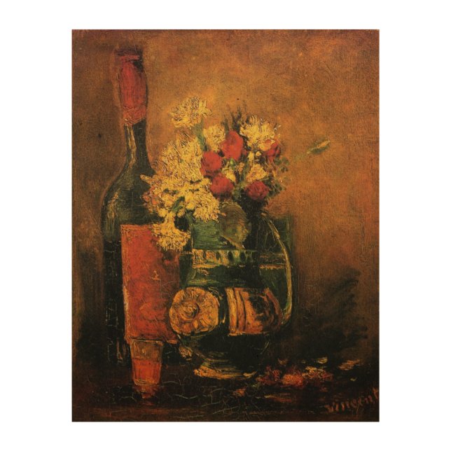 Carnations, Roses and a Bottle by Vincent van Gogh Wood Wall Art (Front)