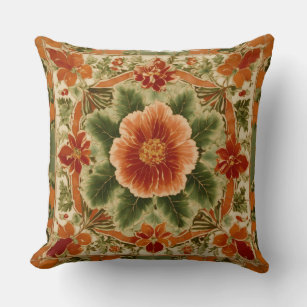 "Carnelian Bloom: Vintage Floral Print Tiled Motif Throw Pillow
