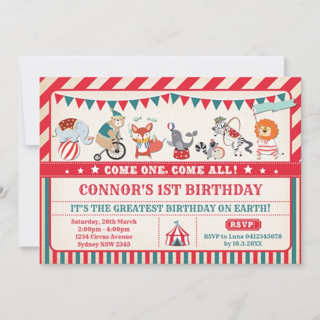 Carnival Birthday Circus Animals Party Invite (Front)