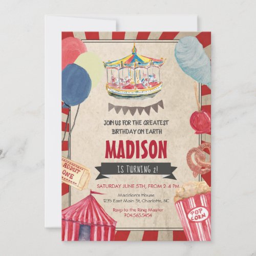 Carnival Birthday Invitation Circus Birthday Invitation