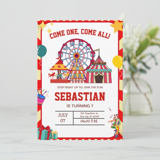 Carnival Birthday Invitation, Circus Birthday  Invitation (Standing Front)