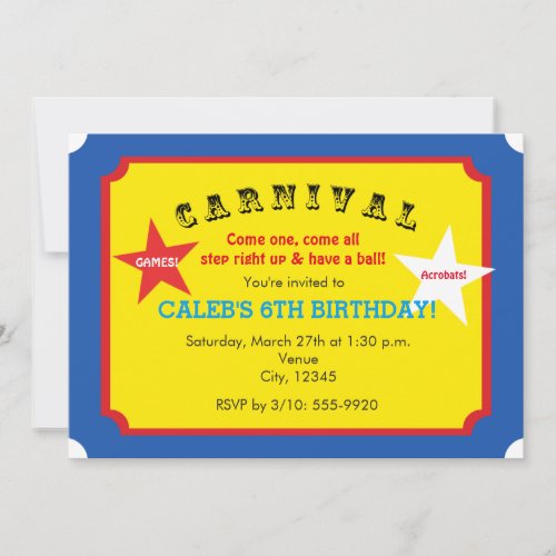 Carnival Birthday Party Ticket Invitation