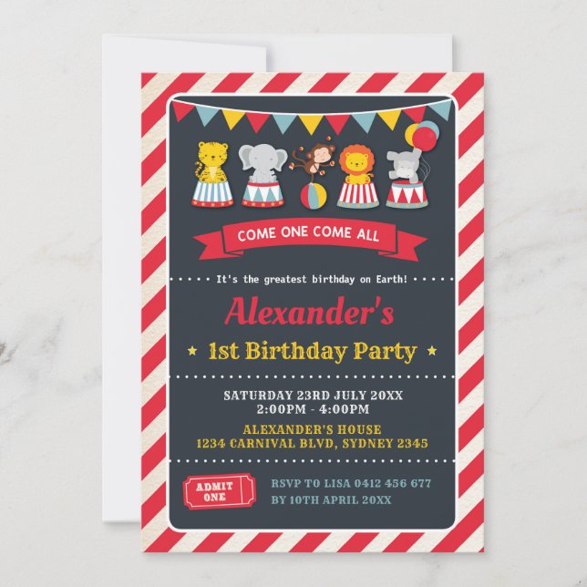 Carnival Circus Animals Birthday Chalkboard Invite (Front)