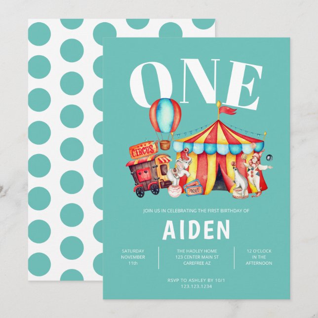 Carnival Circus Big Top Aqua 1st Birthday Invitation (Front/Back)
