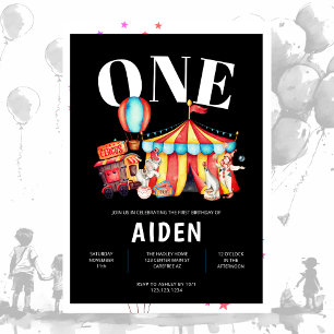 Carnival Circus Big Top Black 1st Birthday Invitation
