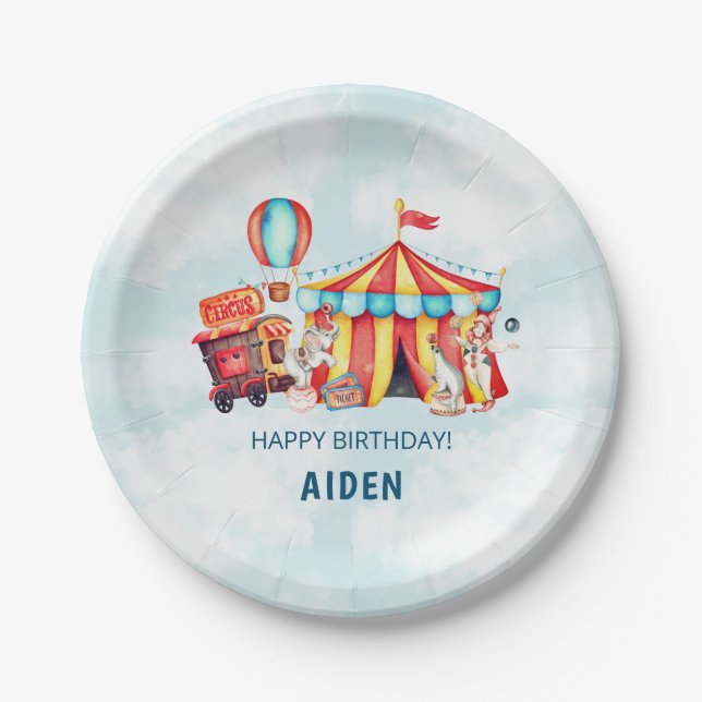 Carnival Circus Big Top Blue Birthday Paper Plates (Front)