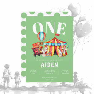 Carnival Circus Big Top Green 1st Birthday Invitation